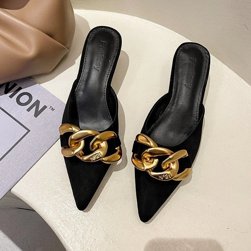 Elegant Women Summer Flip Flops Chain Pointed Toe Slippers Sandals Shoes Woman Casual Slides Mules Babouche Slippers Shoes Mujer