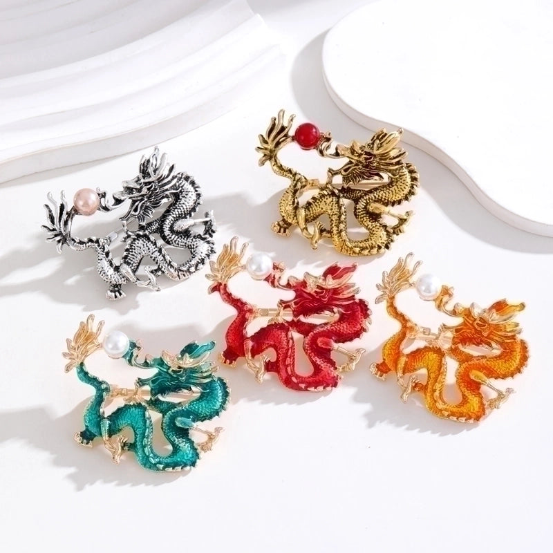Chinoiserie Animal Dragon Alloy Inlay Rhinestones Pearl Adults Unisex Corsage Brooches Collar Pin