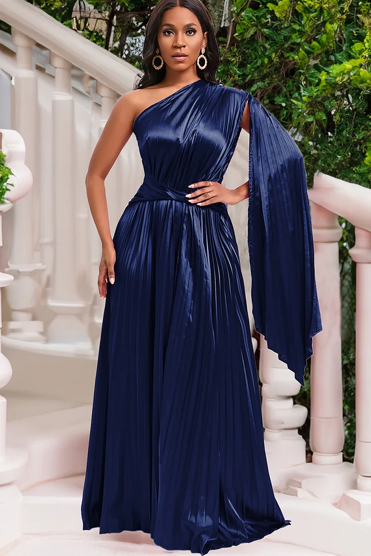 Plain Pleated One Shoulder Single Caped Sleeve A-Line Gowns Maxi Dresses