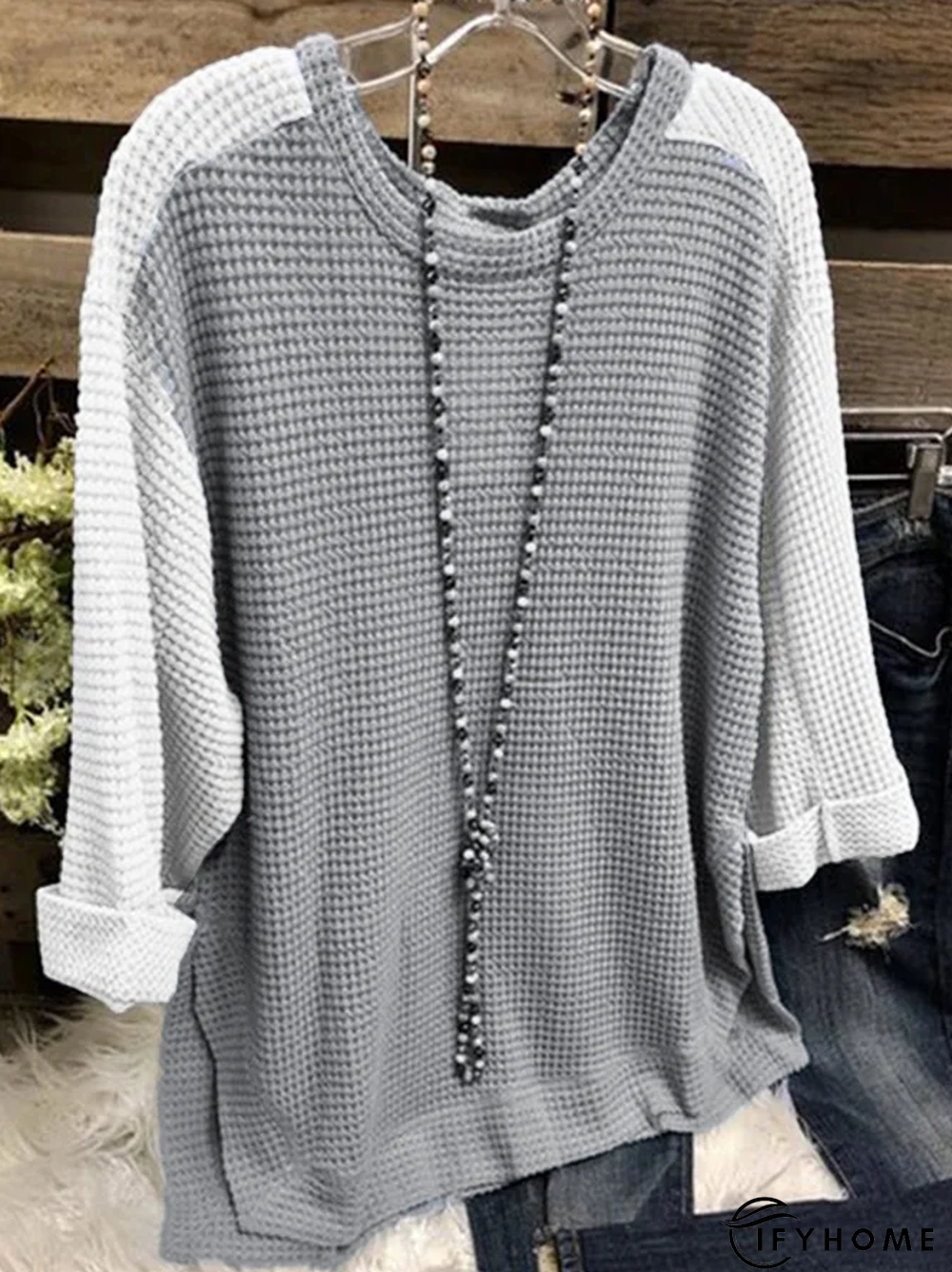 Blue Long Sleeve Cotton-Blend Round Neck Tunic Sweater Knit Jumper | IFYHOME
