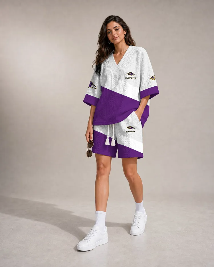 Baltimore Ravens Women&rsquo;s V-neck Jacquard Cable-Knit Tee & Shorts Set