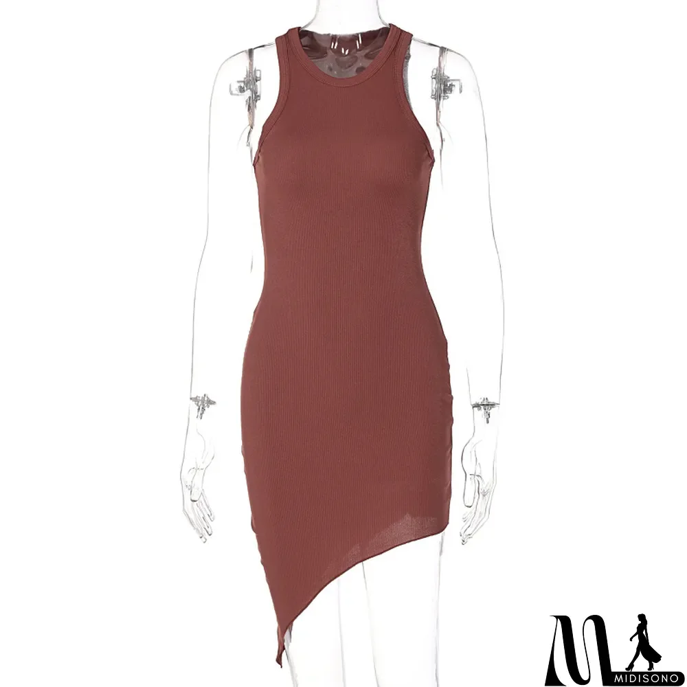 MidiSono - Women's spring Chic career solid color midi sleeveless irregular midi women dress