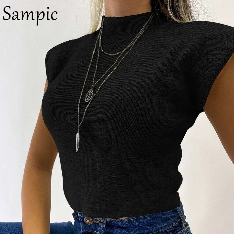 Sampic 2020 Y2K Women Pullover Knitted Cropped Shoulder Pads Sweater Vest Winter Ladies Autumn Black Apricot O Neck Jumper Tops