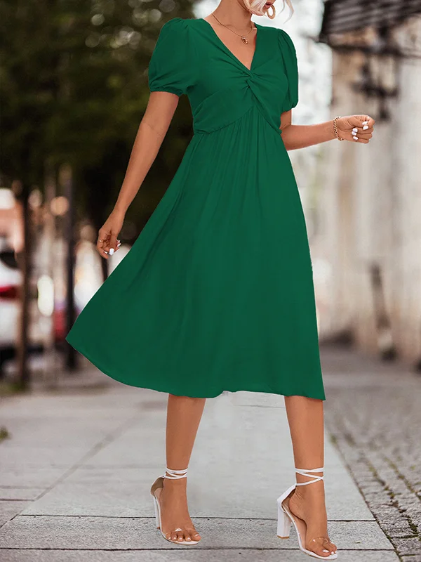 A-Line High Waisted Elasticity Knot Pleated Solid Color Split-Joint V-Neck Midi Dresses