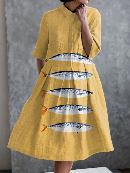 Holiday Sardines Print Casual Pocket Half Sleeve Dress