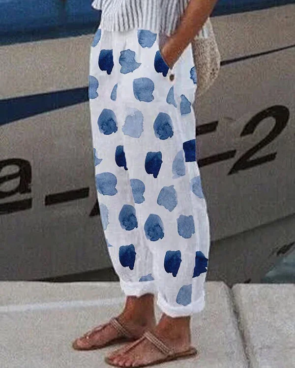 Ladies White and Blue Ink Printing Loose Pants
