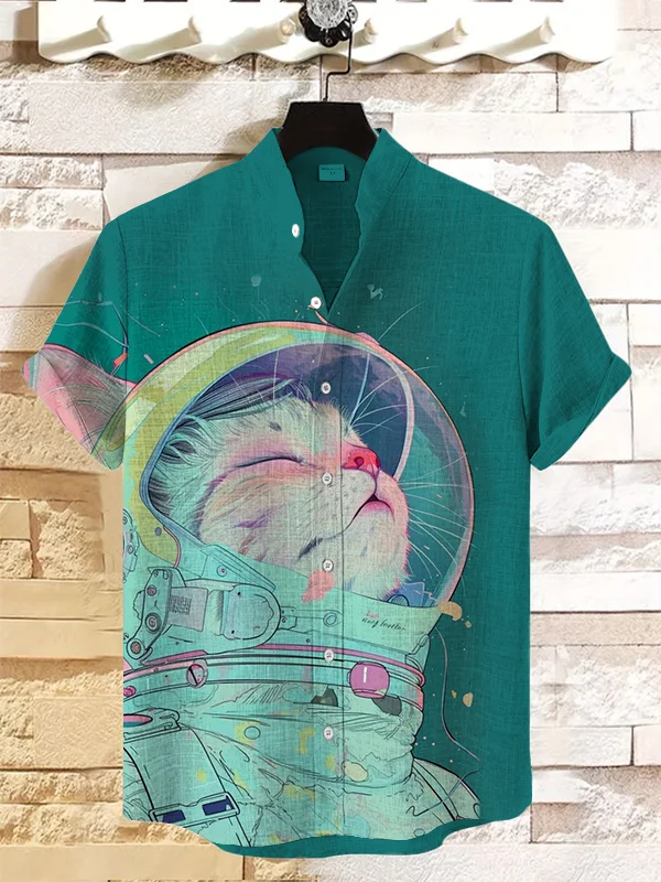 Men's Space Astronaut Cat Art Print Casual Linen Blend Shirt