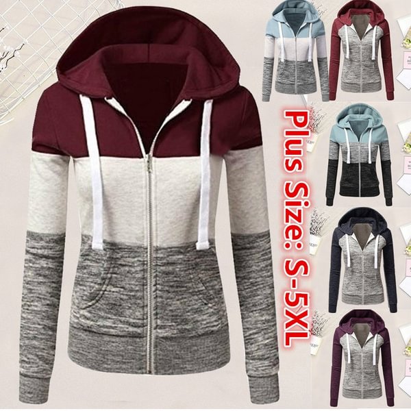 Women Spring/Autumn Casual Long Sleeve Sweatshirts Colorful Patchwork Thin Zip-Up Hoodie Jacket For Drawstring Hoodies S-5Xl - Shop Trendy Women's Fashion | TeeYours