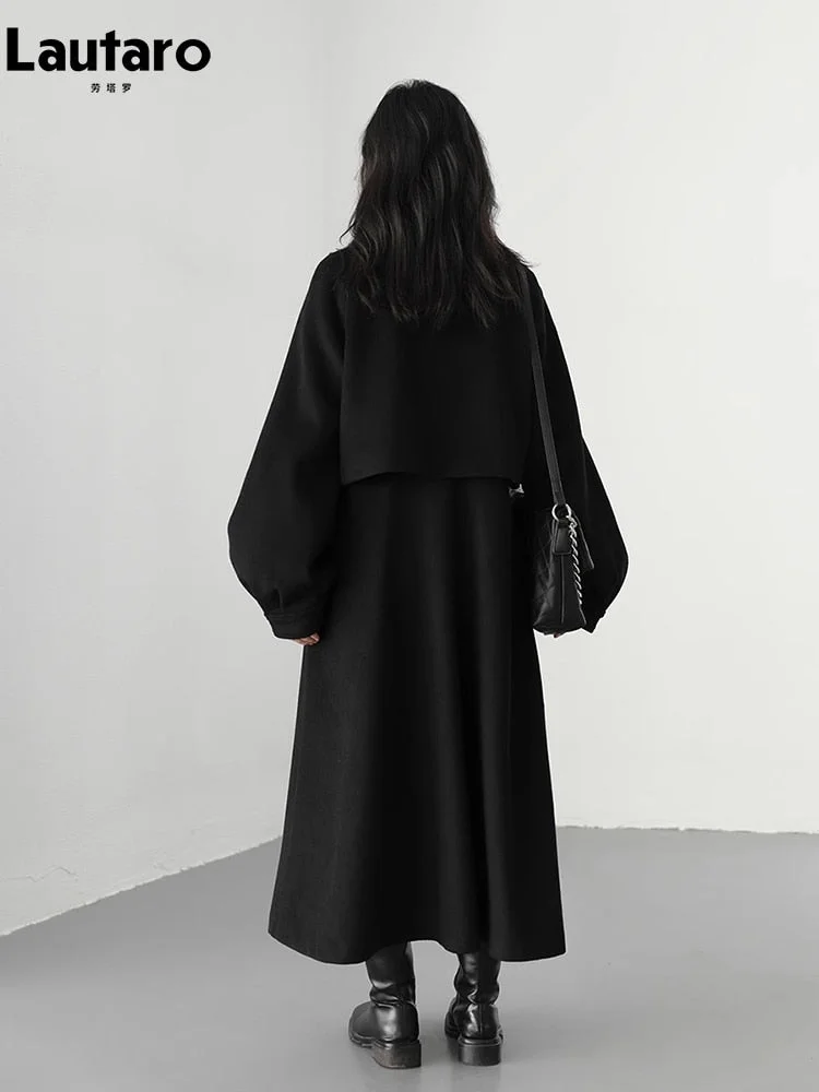 Huiketi Autumn Winter Long Flowy Luxury Vintage Black Warm Thick Woolen Coat Women Luxury Designer Fake 2 Pieces Clothes 2023