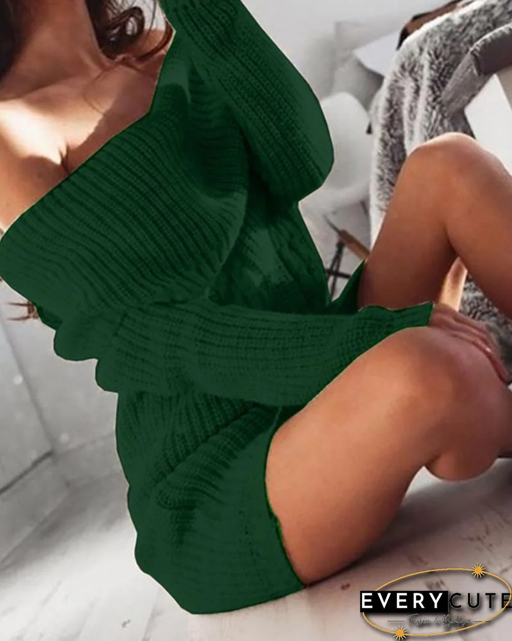 Off Shoulder Knit Long Sleeve Sweater Dress P13615