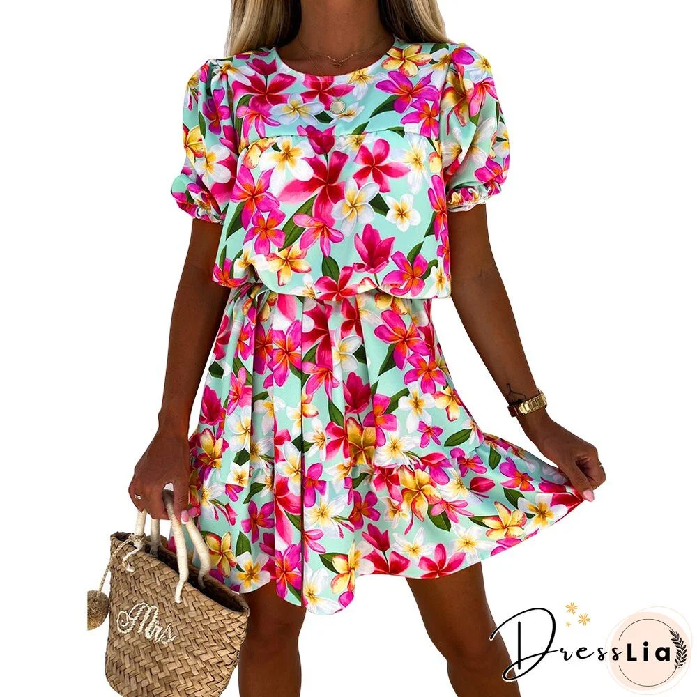 Summer Short Sleeve Floral Print Dress Women Round Neck Boho A Line Beach Party Mini Dress Holiday Ladies Pleated Vestidos D30