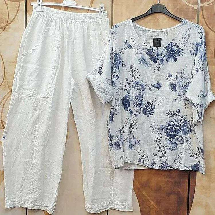 Cotton Linen Floral Print T-Shirt Set