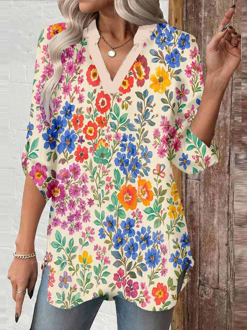 Women Floral, Colorful, Blue, Red DZGA0130 3/4 Sleeve V-neck Printed Graphic Button Tops