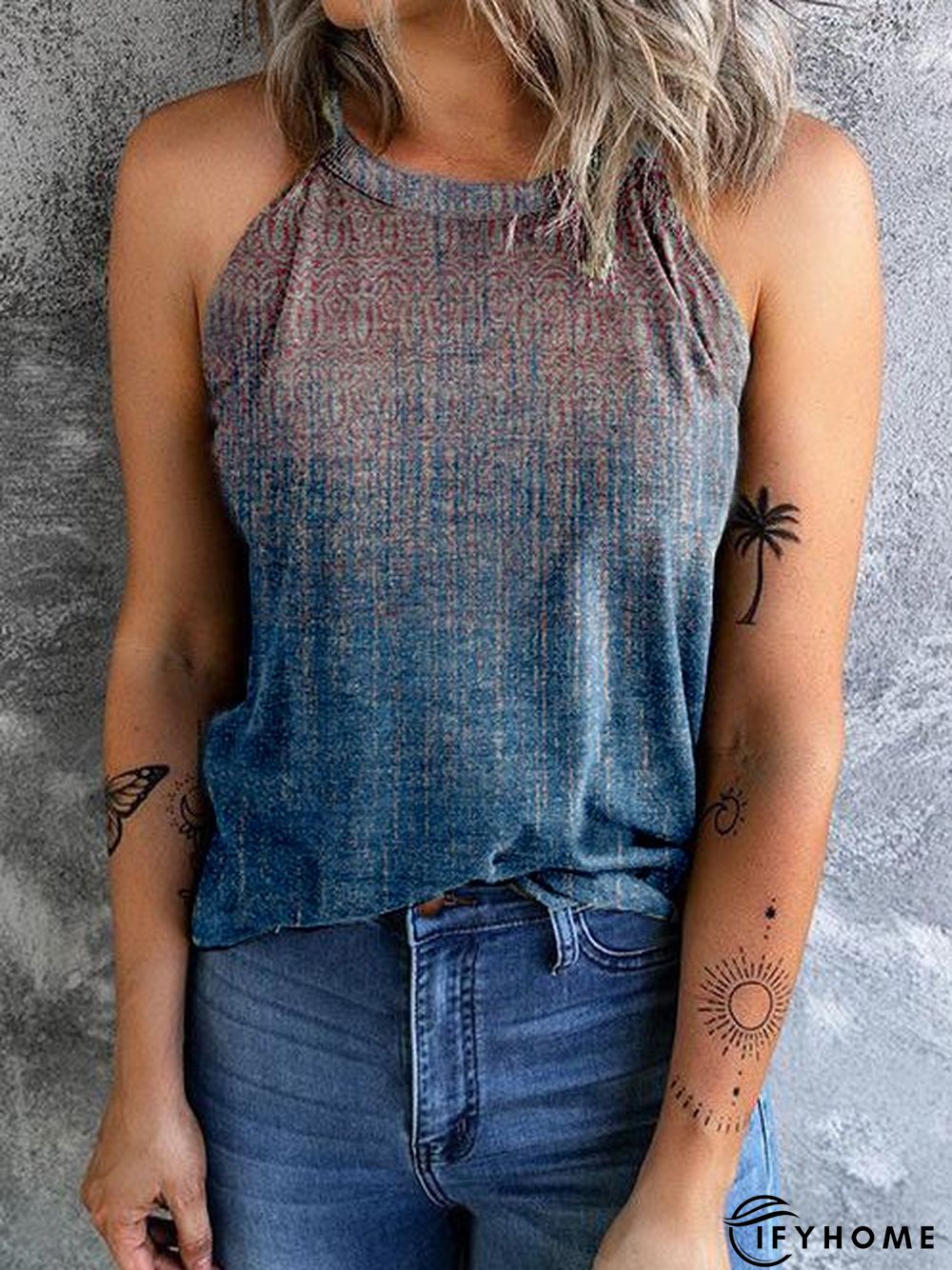 Cotton-Blend Sleeveless Crew Neck Ombre/tie-Dye Tank & Cami | IFYHOME