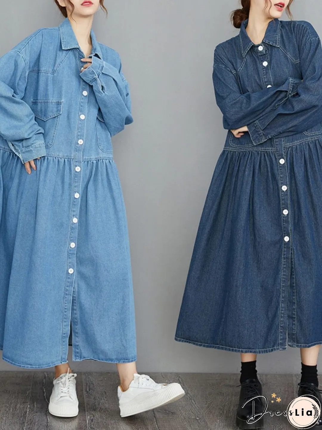 Spring Minimalist Loose Casual Denim Dress Long Sleeve