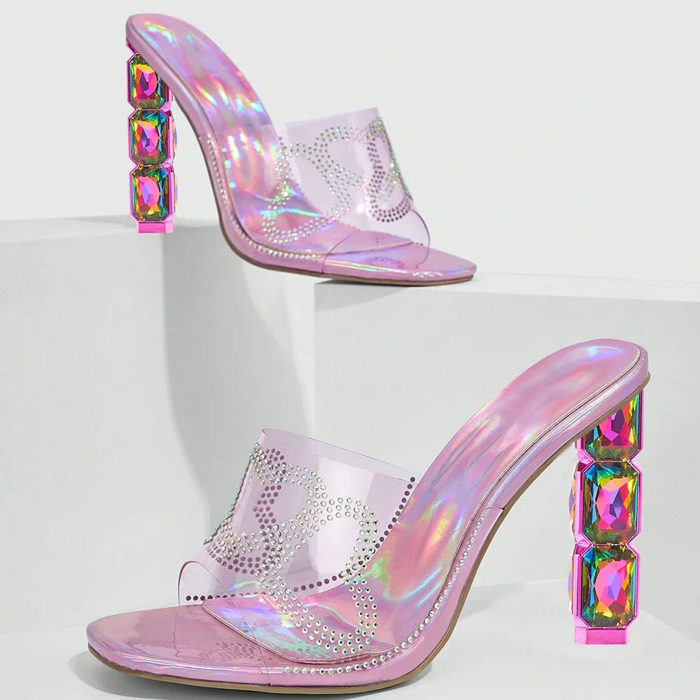Pink Holographic Clear Opened Square Toe Rhinestone Mules With Decorative Heels Nicepairs