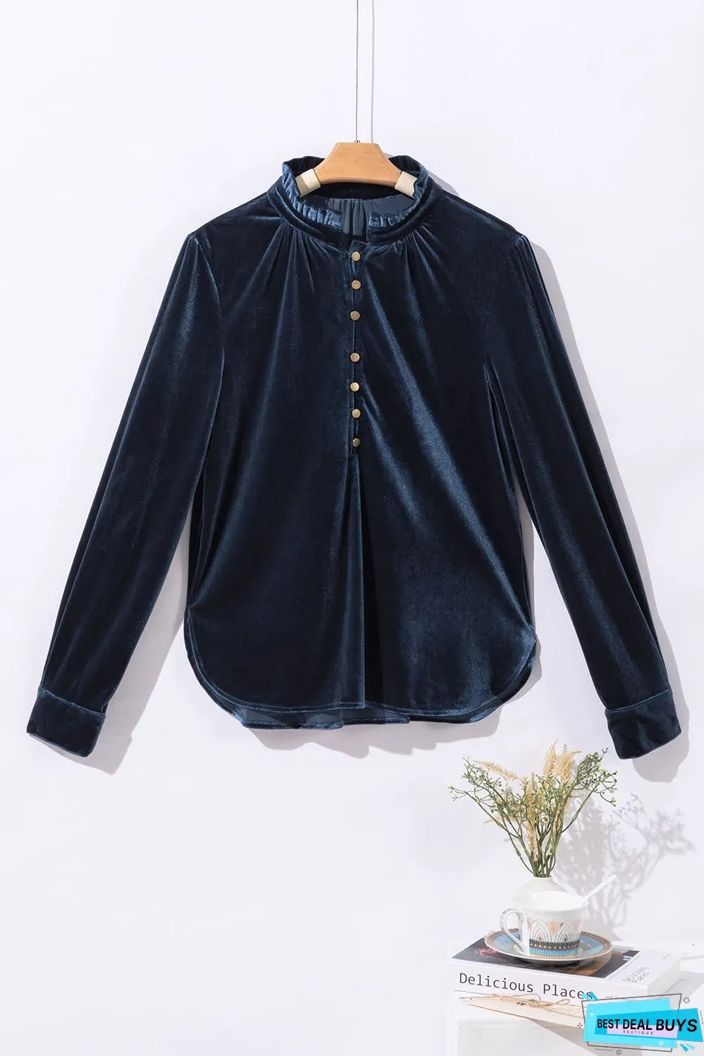 Frill Half Button Mock Neck Long Sleeve Blouse