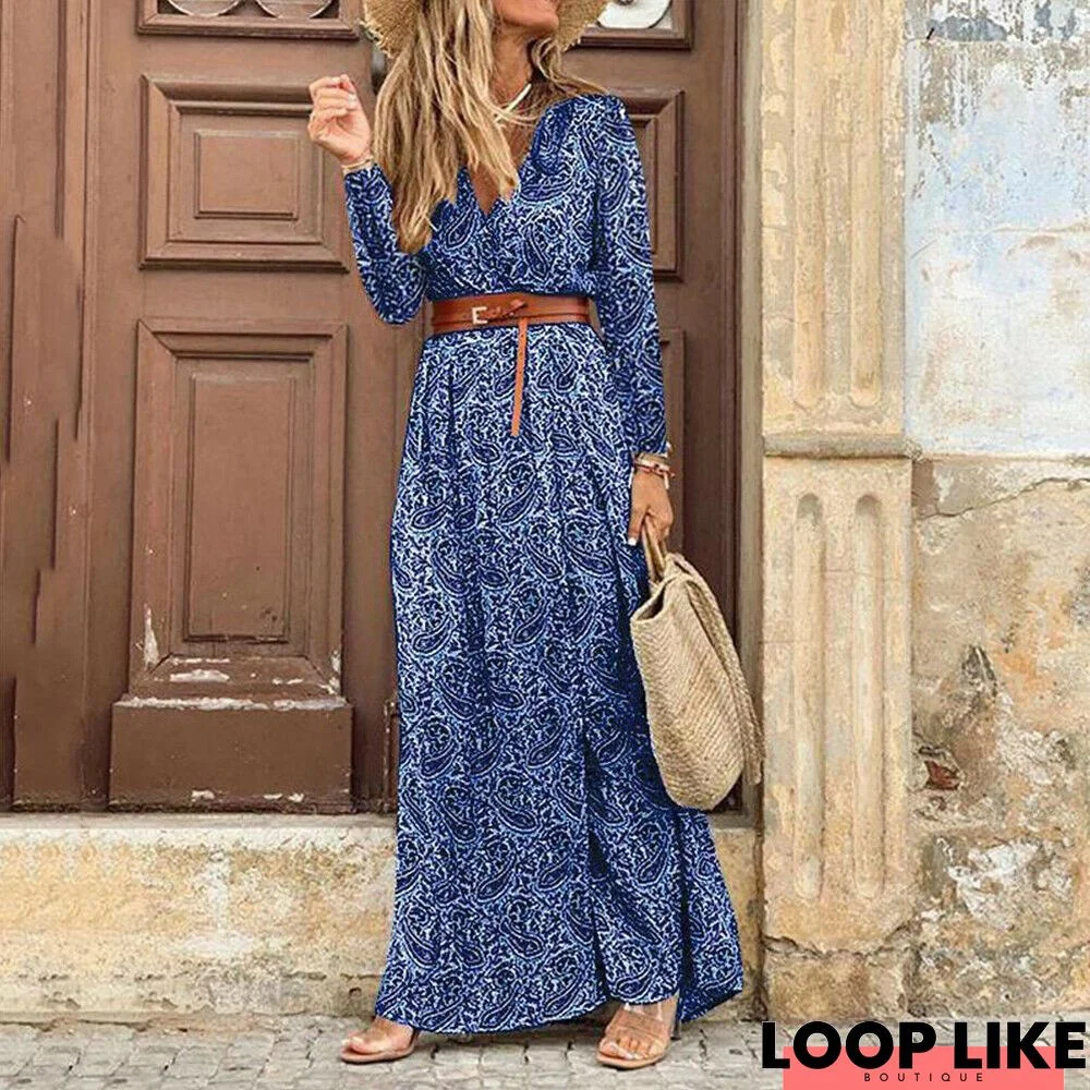 Elegant Leaf Print Buttoned Paneled 3/4 Sleeve Maxi Dress