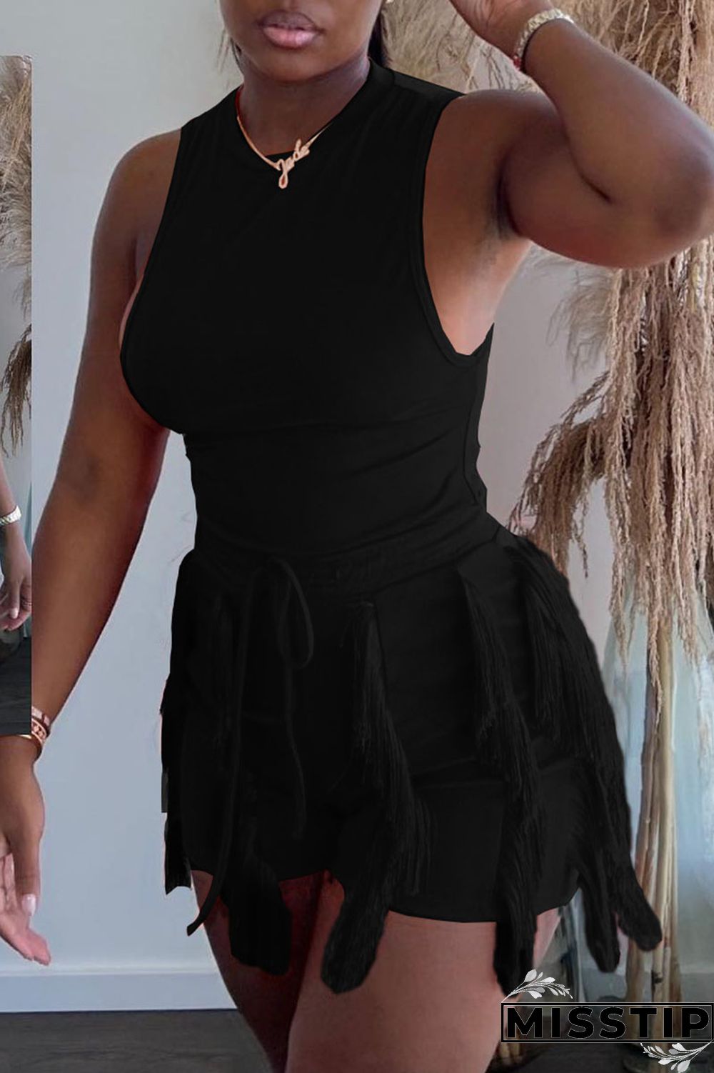 Peacock Blue Casual Solid Tassel Patchwork O Neck Sleeveless Two Pieces