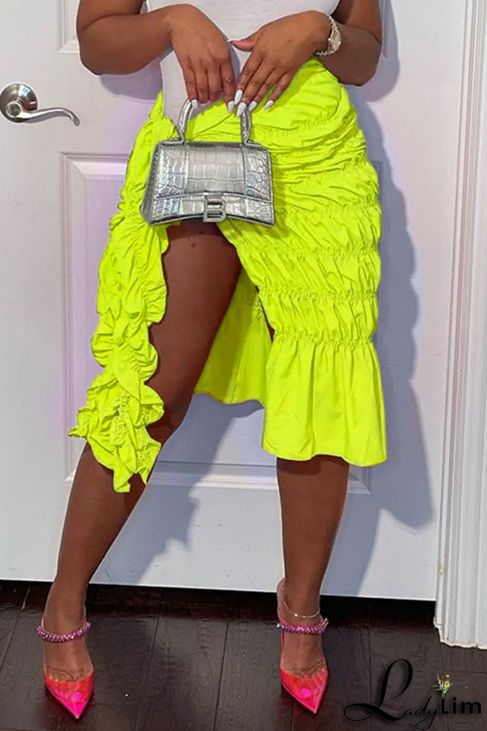 Fluorescent Pink Sexy Street Solid Split Joint Fold Mid Waist Straight Solid Color Bottoms