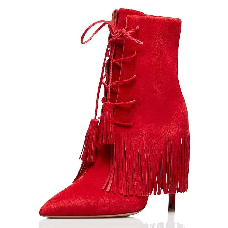 Red Vegan Suede Lace Up Fringe Boots Stiletto Heel Ankle Boots |FSJ Shoes