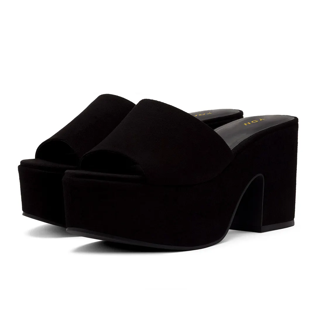 YDN Simple Black Vegan Suede Open Toe Platform Chunky Heeled Mules