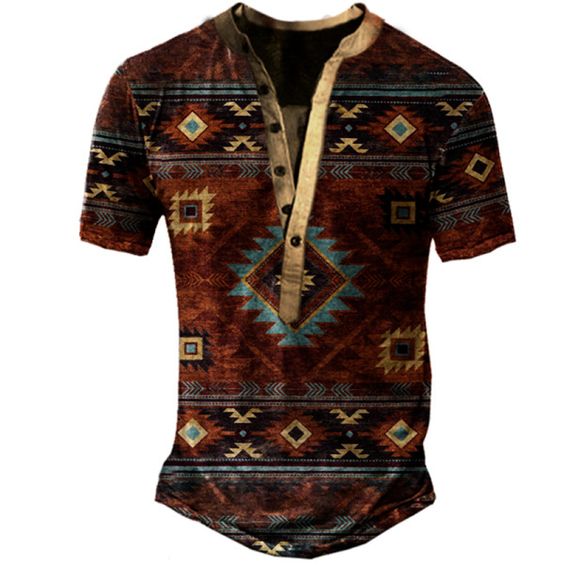 Men's Outdoor Aztec Style Allover Print Henley Short Sleeve T-shirt