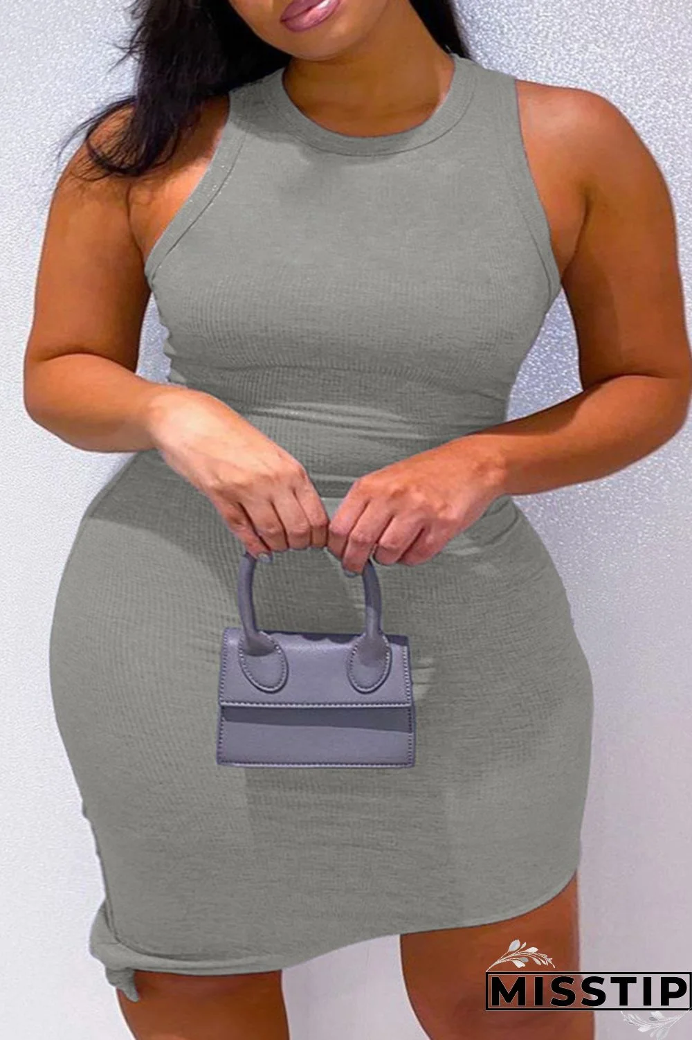 Grey Casual Solid Basic O Neck Vest Dress Plus Size Dresses