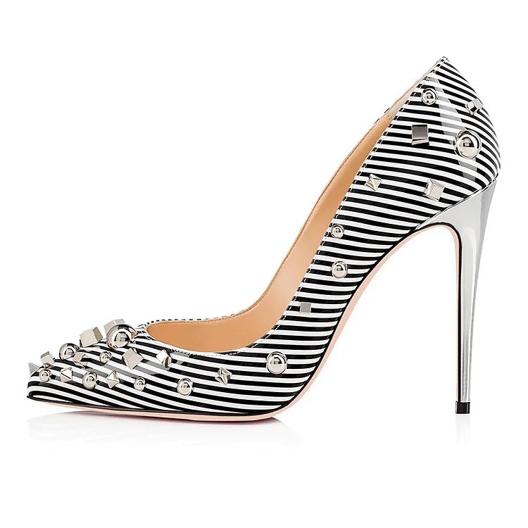 Stripes Studs Patent Leather Black and White Stiletto Heels Vdcoo