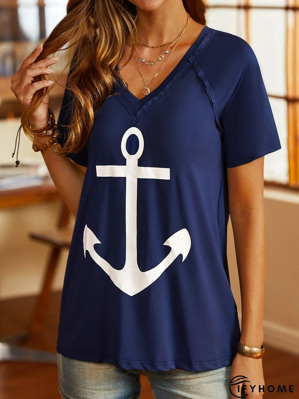 Abstract Geometric Printed Loosen Casual V Neck Short Sleeve T-Shirt | IFYHOME