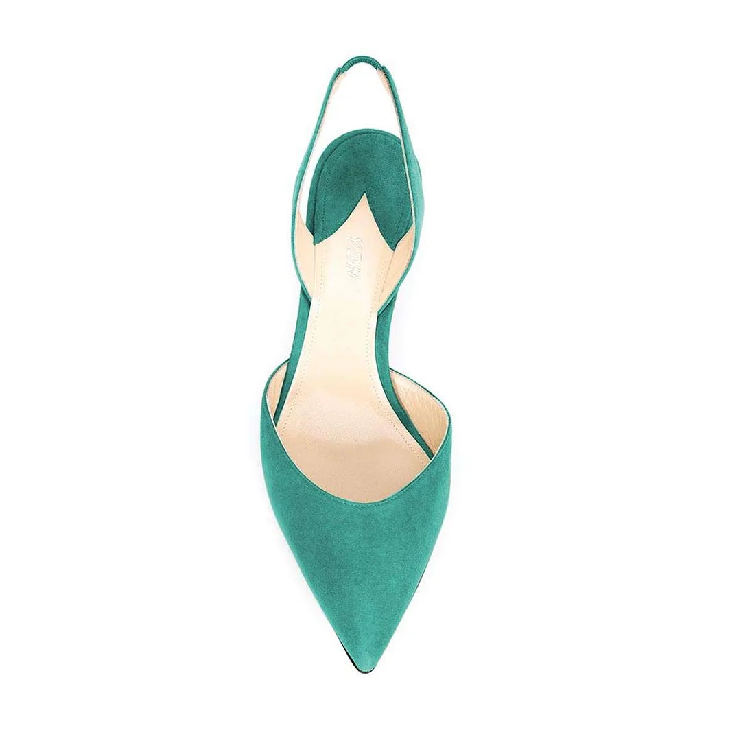 Faux Suede Turquoise Pointed Slingback Strappy Kitten Heel Pumps