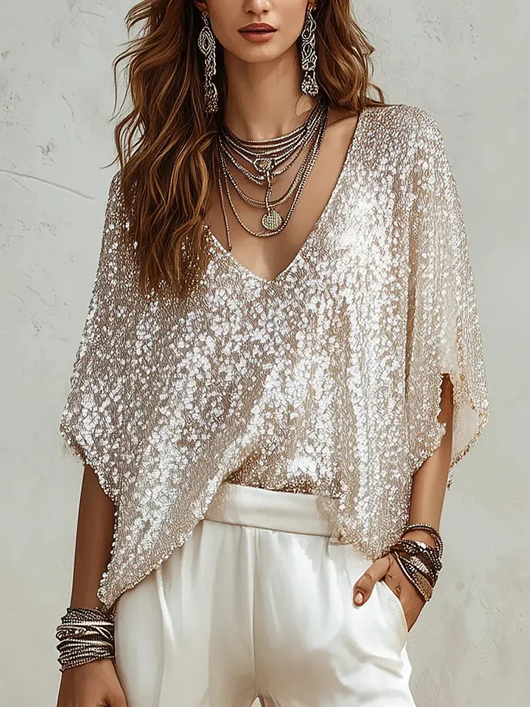 Women's Casual Batwing Sleeve Sequined Art Stylish Shirt