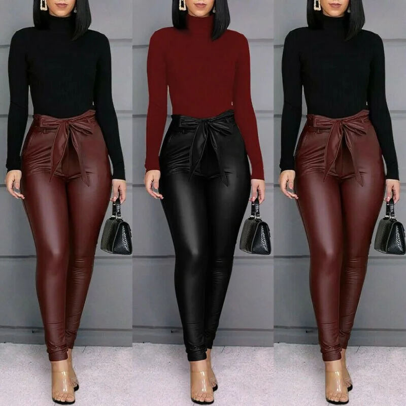 Women's Leggings PU Leather High Waisted Pants Stretchy Bowknot Skinny Pencil Trousers Bow Womens Pants Black Wine Red Trousers