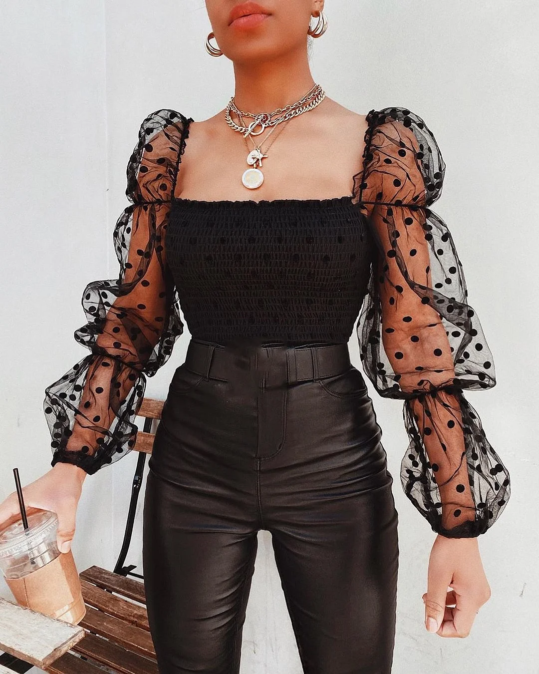 Graduation Gifts   Women Wrinkled Backless Blouse Shirt Mesh Sheer Puff Sleeve Wrap Chest Tops 2023 Spring Summer Ladies Dots Blouse