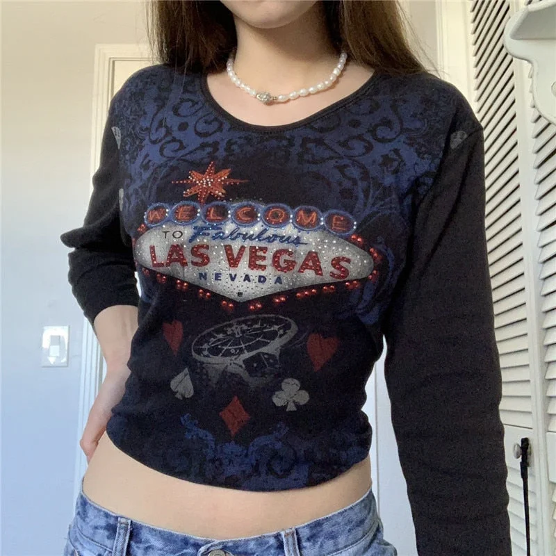 Xingqing Grunge Fairycore Vintage Print T-shirt Women Aesthetic Y2k Long Sleeve Tops Autumn E-Girl Casual Basic Streetwear 90s