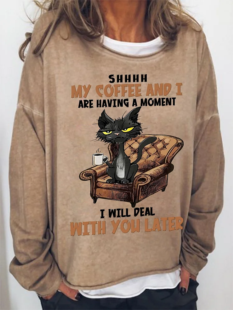 Women Funny Cat Coffee Simple Loose Sweatshirts