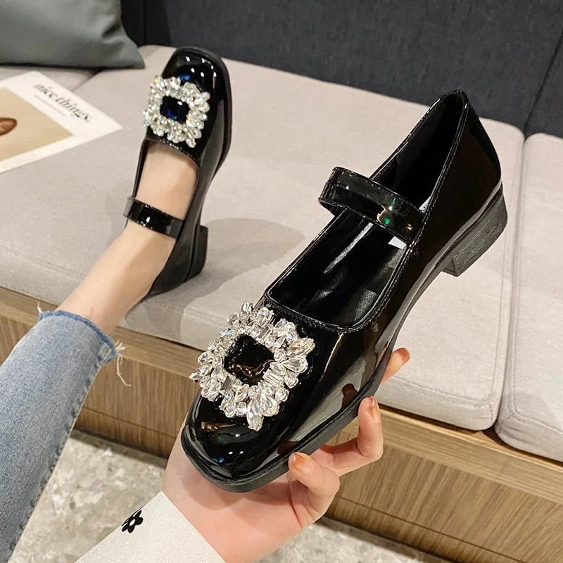 Luxury Crystal Mary Jane Shoes For Women Patent Leather  Low Heels Party Shoes Woman 2022 Spring Summer Square Toe Pumps