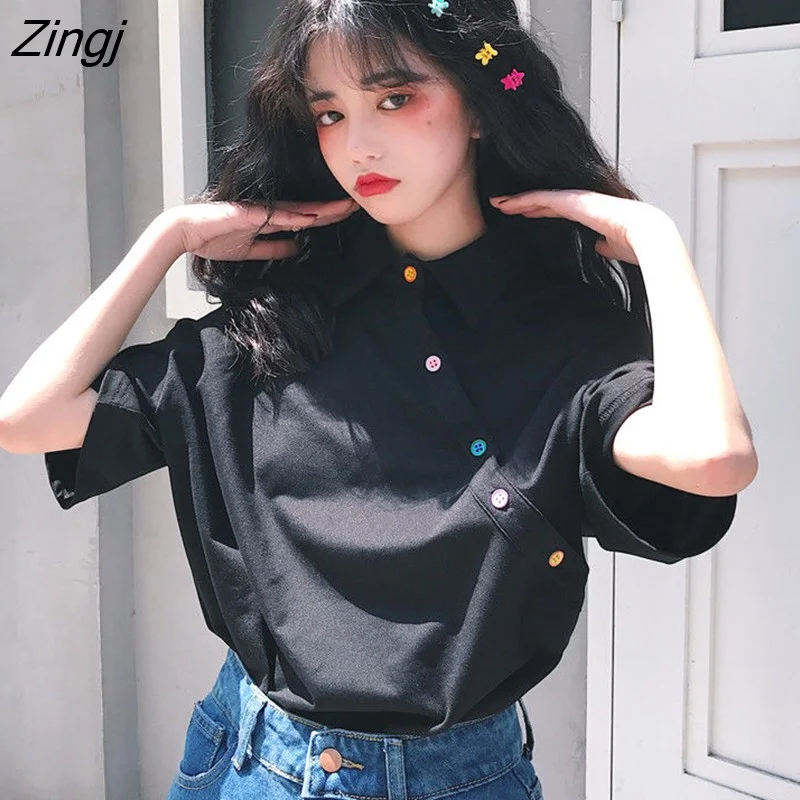 Zingj Colors T-shirts Women Candy-color Button Korean Style Chic Trendy College Students Ulzzang Teens Girls Summer Leisure Loose
