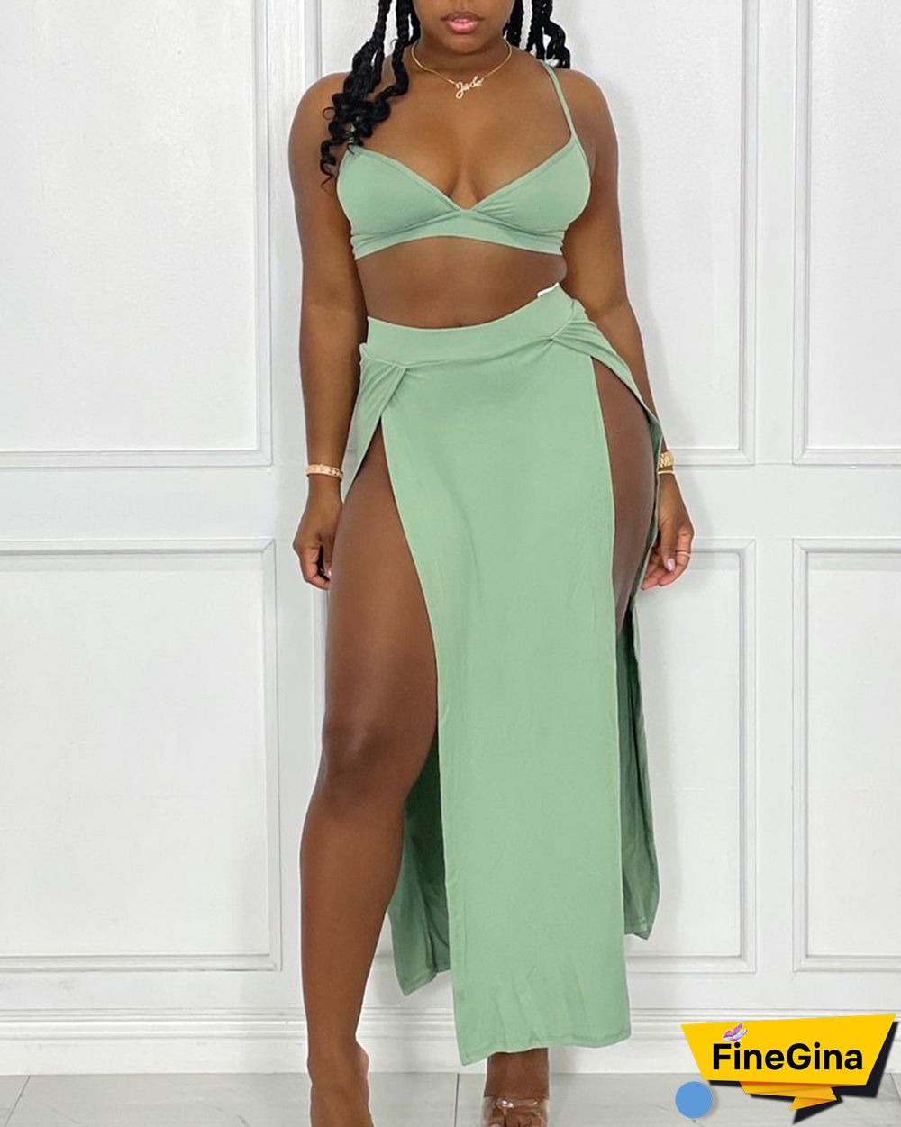 Solid Color Cami Top & Split Thigh Skirt Set