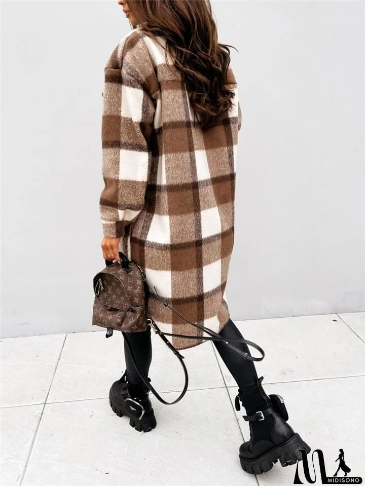 MidiSono - Cozy Warm Button Up Chest Pocket Lapel Collar Plaid Long Coat