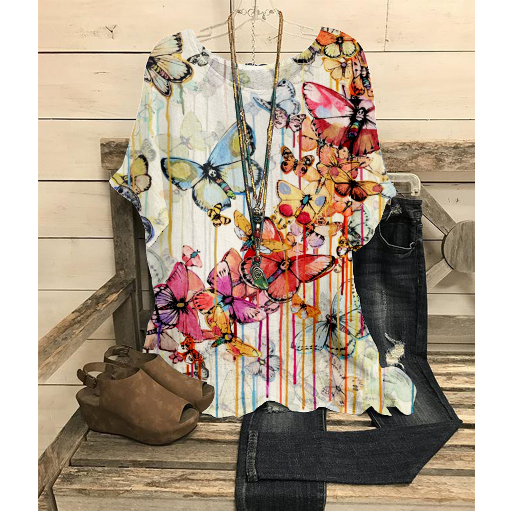 Butterfly Print Round Collar Short Sleeves Loose T-Shirt