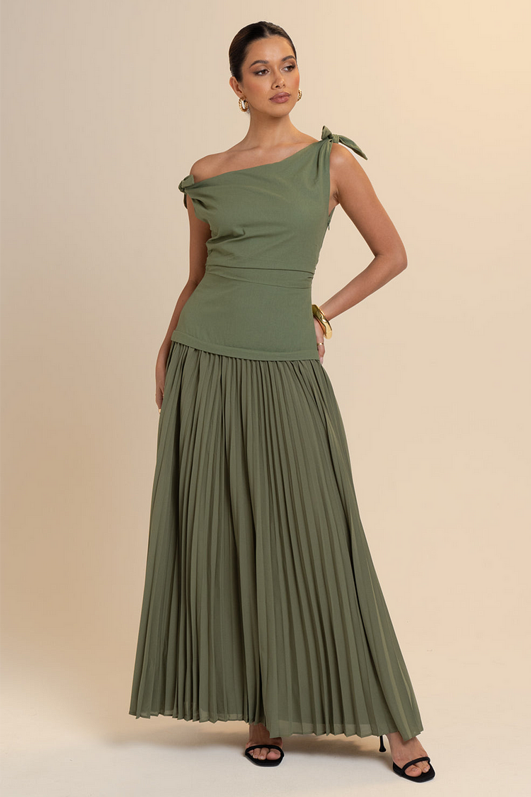 Pleated Hem Off Shoulder Sleeveless Semi-Fitted Maxi Dresses-Green [Pre Order]