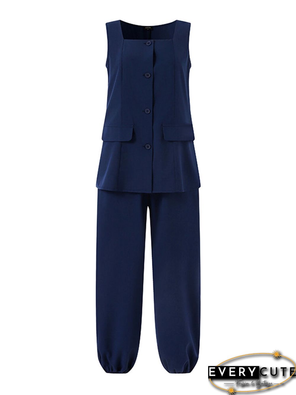 Pocket Details Square Collar Buttons Up Sleeveless Suit