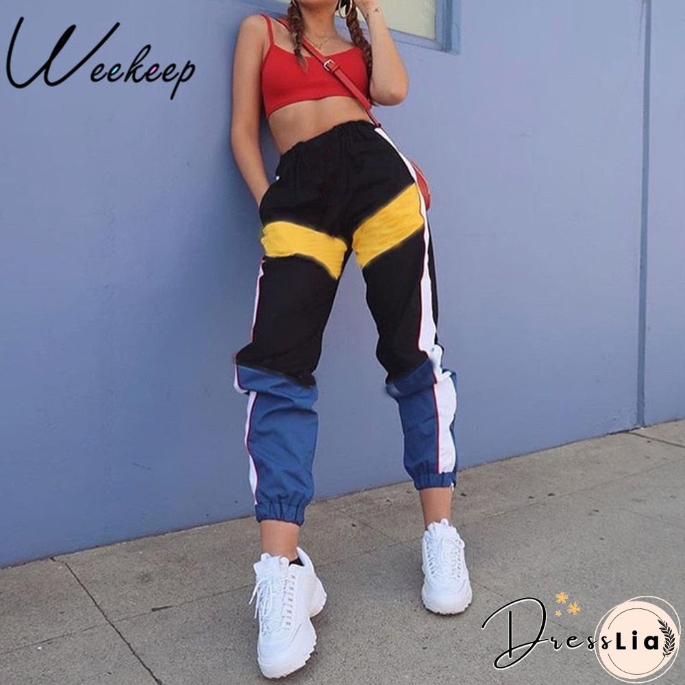 Weekeep Women High Waist Patchwork Pants Black Pencil Pants Streetwear Cargo Pants Loose Jogger Trousers Women Sweatpants