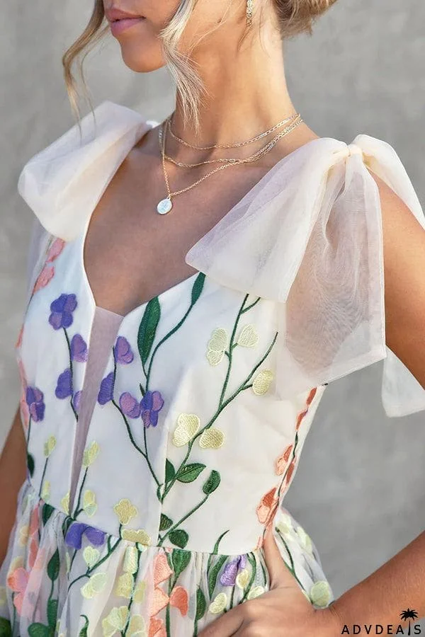 Summertime Blooms Floral Applique Adjustable Shoulder Tie Midi Dress