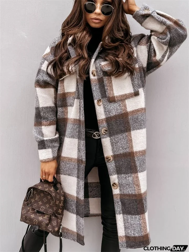 Women's Fashion Long Plaid Shacket Coat