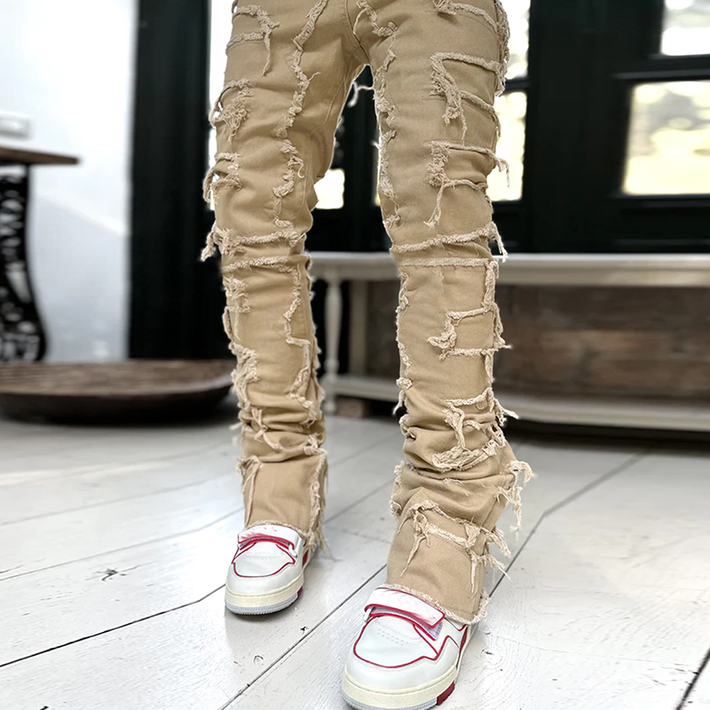 Unisex Men's Hiphop Fashion Elastic Patch Denim Straight Pants