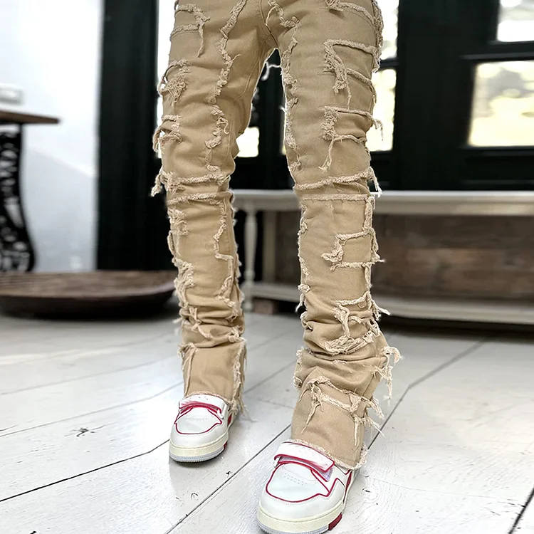 Hiphop Fashion Elastic Patch Denim Straight Pants SOPULA