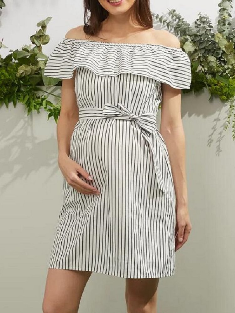 Belted Striped Slip-Neck Maternity Dress