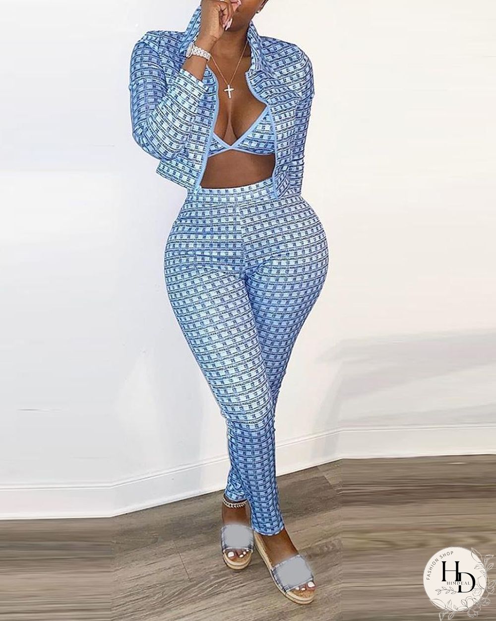 Colorblock Bra & Long Sleeve Coat & Skinny Pants Set P10922